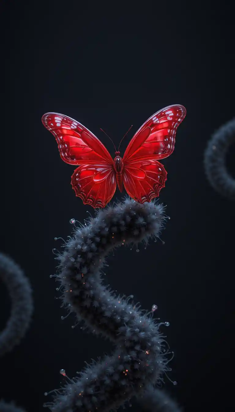 Red transparent butterfly on black in anime digital style