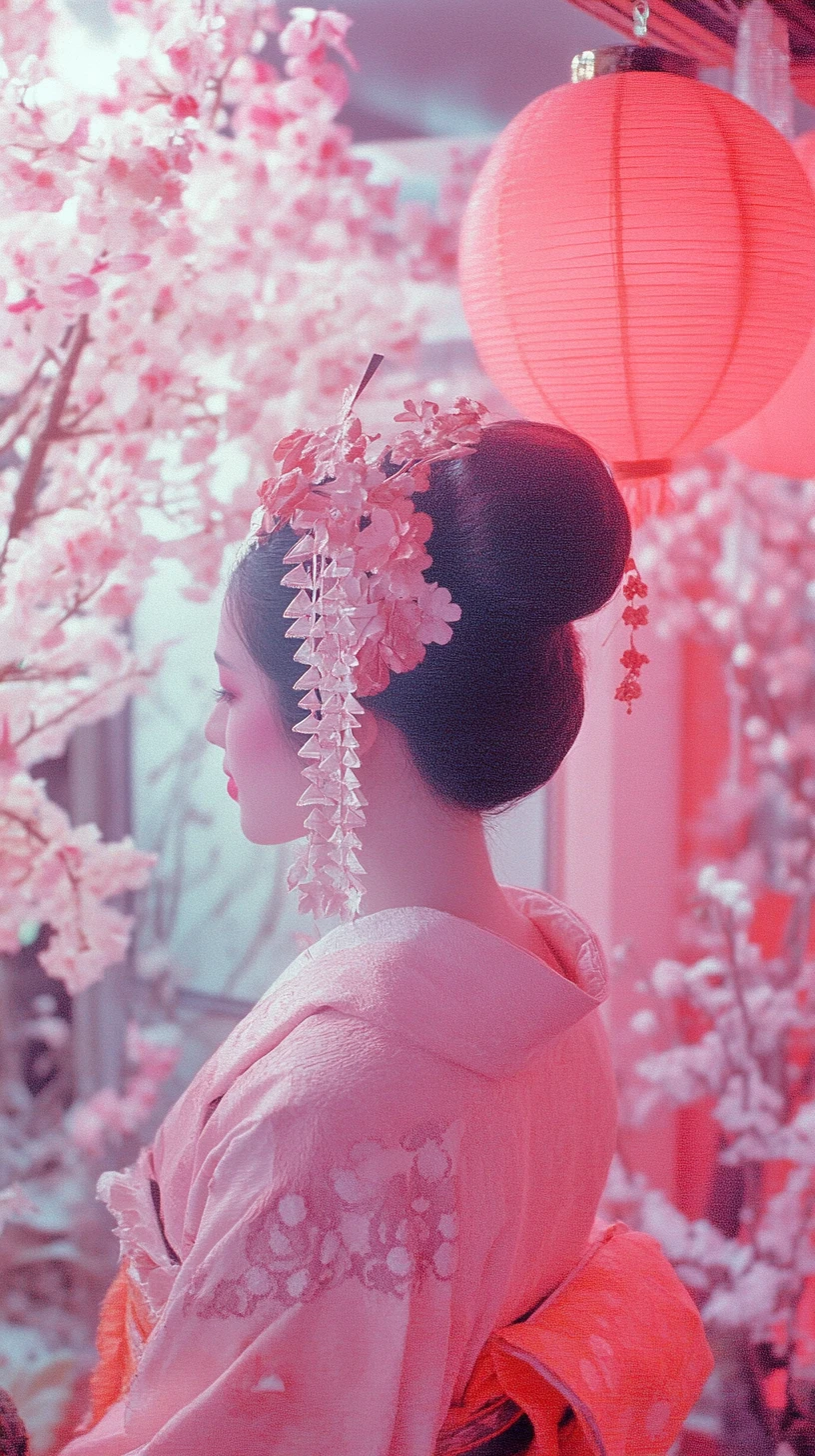 柔粉色禪意花園中的藝伎摺紙雕像