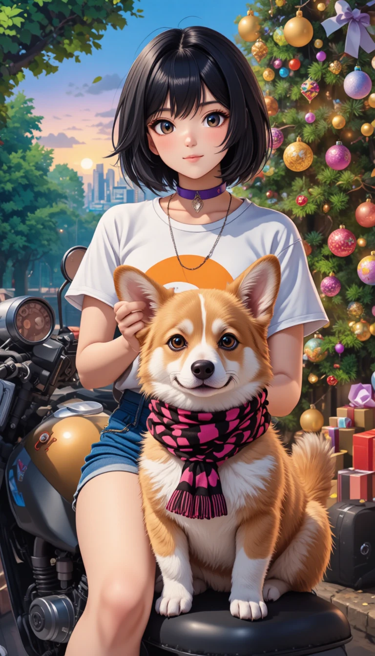 Anime girl on motorcycle holding dog in urban greenery