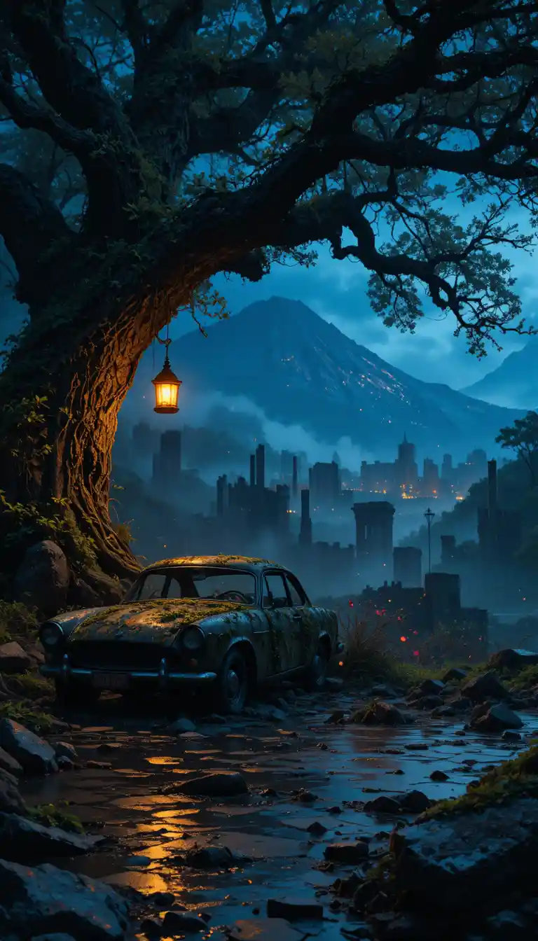 Abandoned vintage car beneath a glowing ancient forest tree