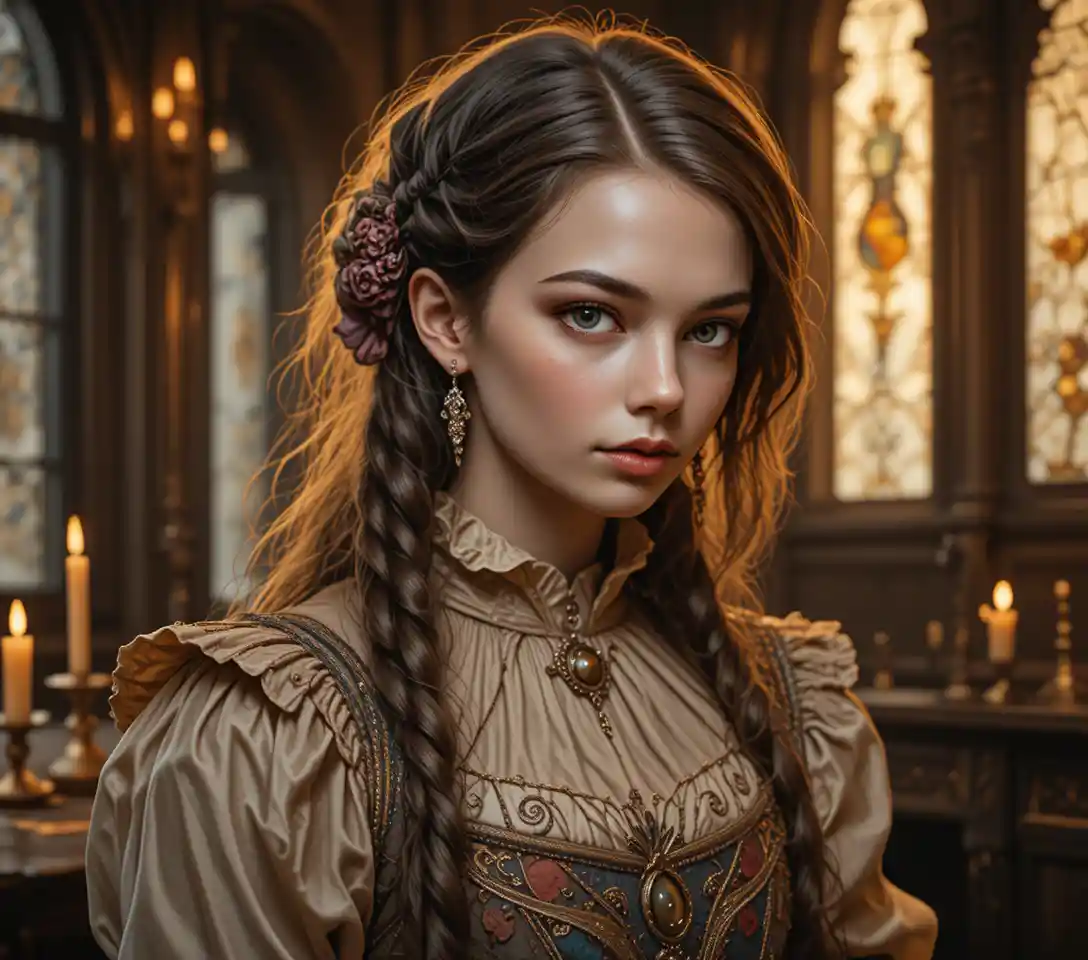 Elizabethan woman in ruffled collar by warm candlelight