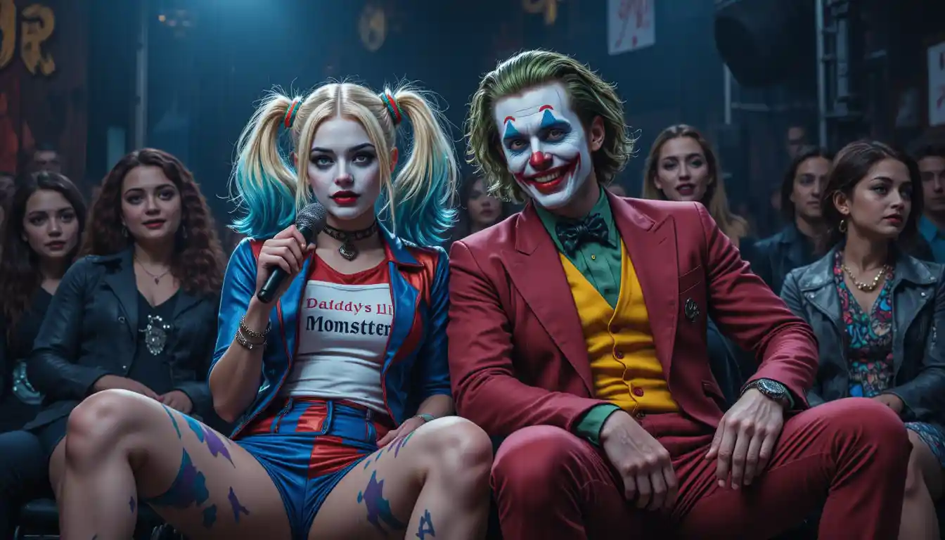 Cosplay couple dressed as clown villains in studio audience