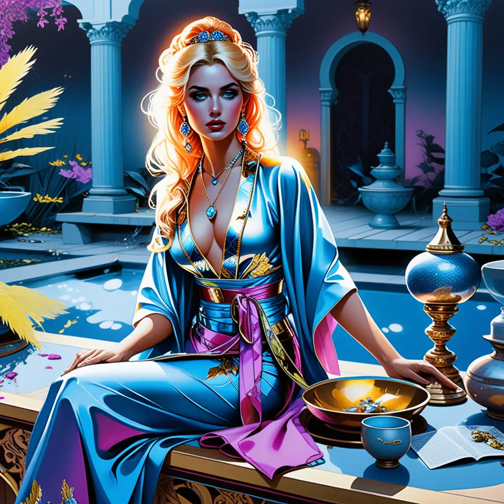 Mystische blonde Zauberin in einem mesopotamischen Palasthof