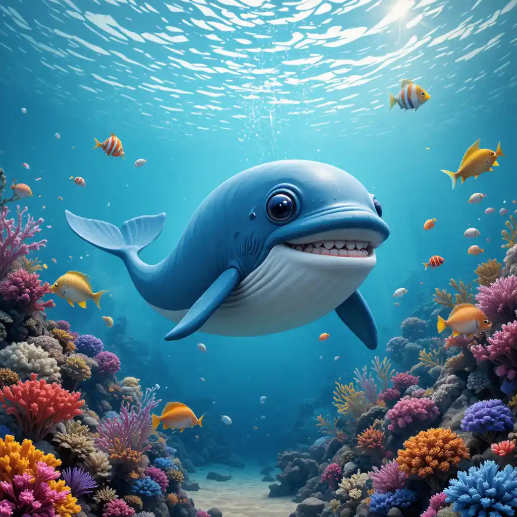 Cute cartoon whale with sunglasses in a colorful ocean