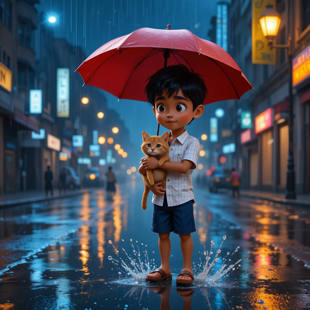 Niño rescatando a un gato en una calle lluviosa de la ciudad