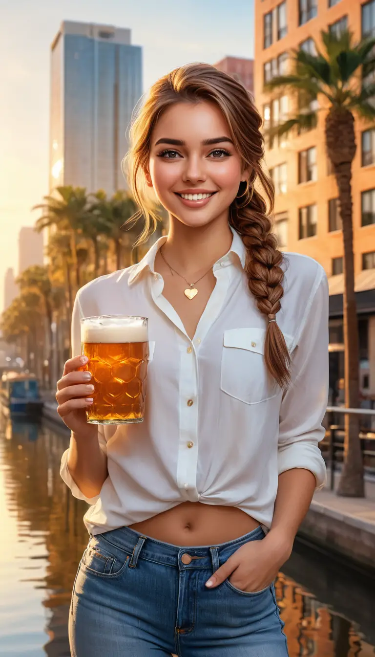 Lächelnde junge Frau mit Bier an sonnigem Stadtkanal