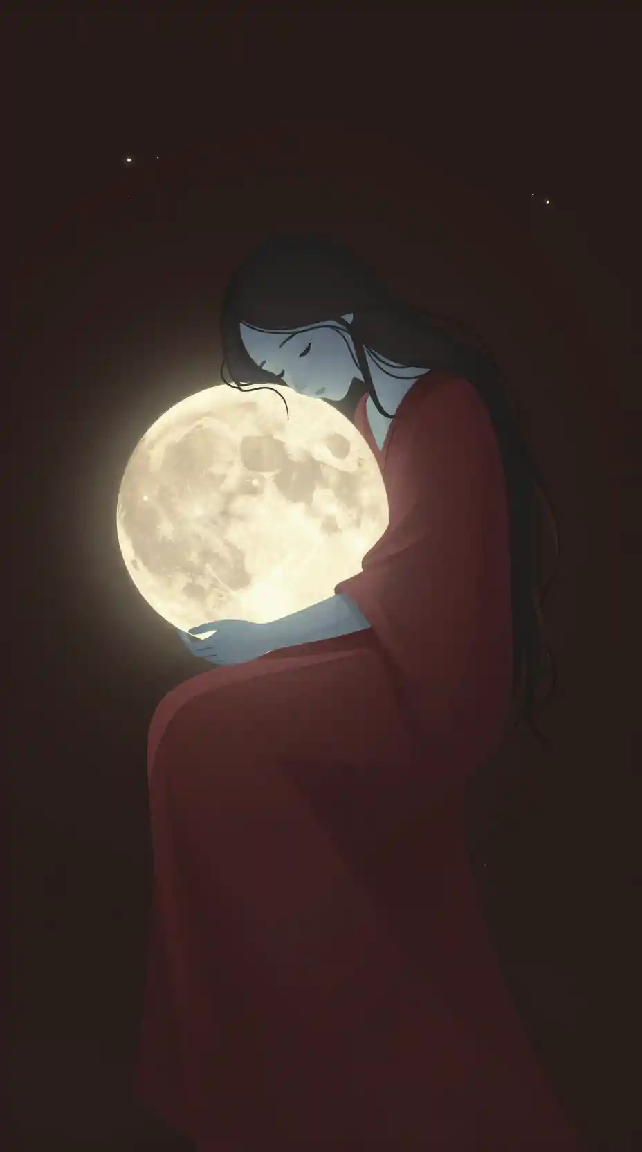 宇宙の夜に輝く月を抱くエーテルな姿