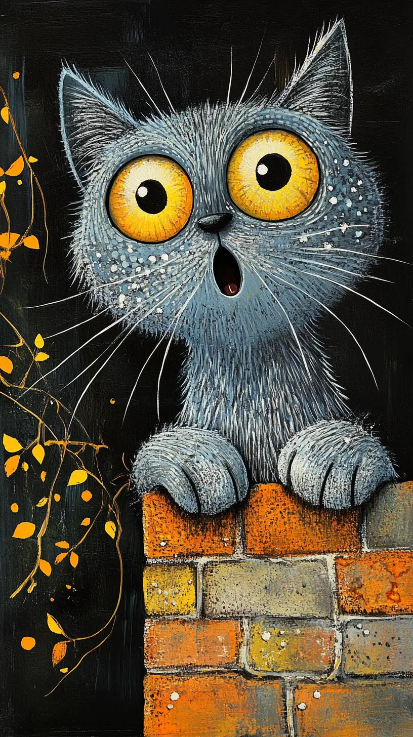 Fantasy blue gray cat clinging to an orange brick wall
