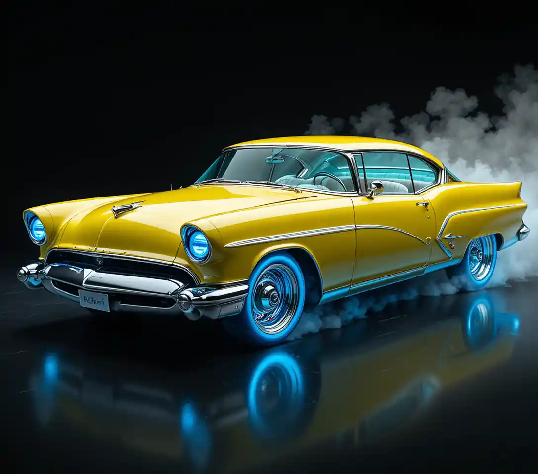 Retro 1955 custom car with electric blue chrome wheels