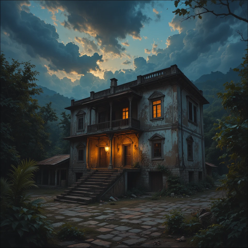Abandoned haveli glowing softly under a stormy night sky