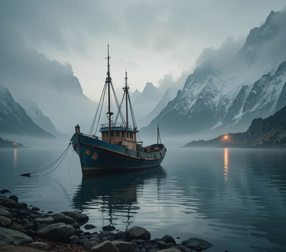 Old fishing boat in misty mountain harbor at dawn