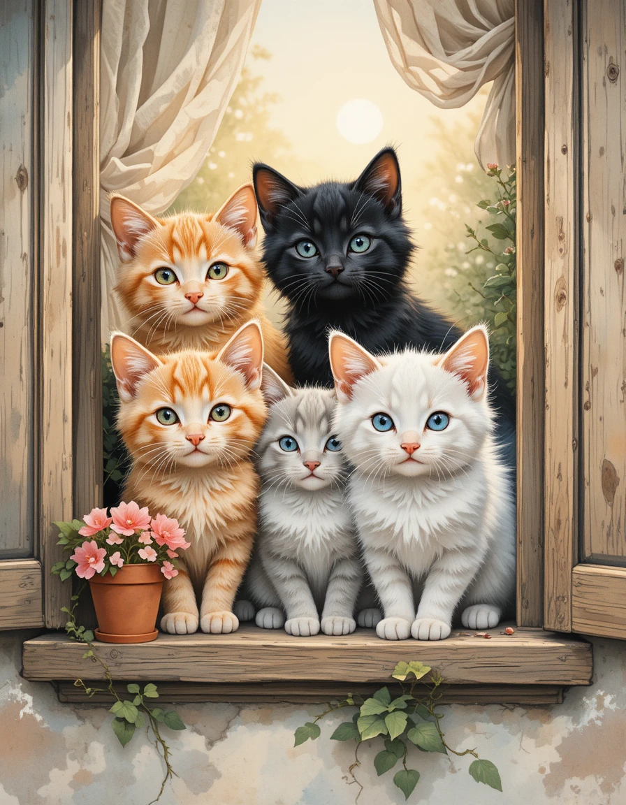 Four kittens at a rustic cottage window in watercolor
