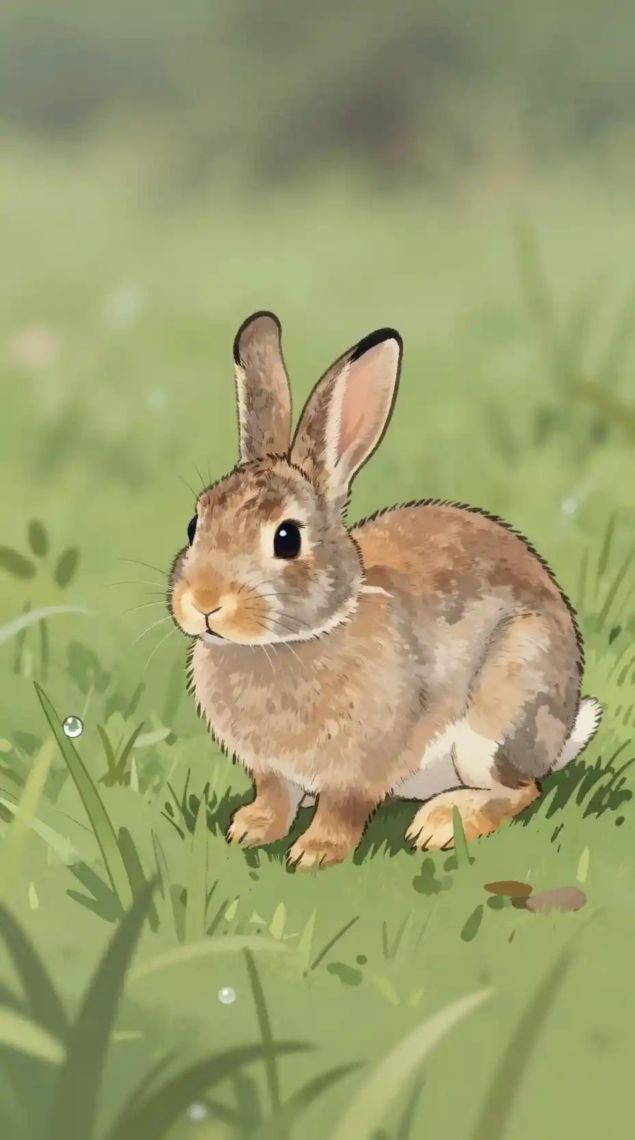 Gentle rabbit watching a single dewdrop on grass