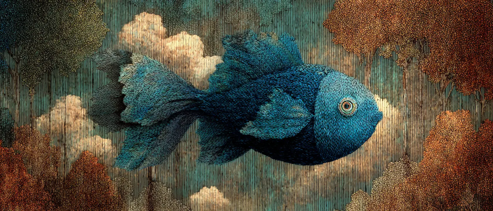 Surreal Blue Fish Flying Among Clouds In Fantasy Forest