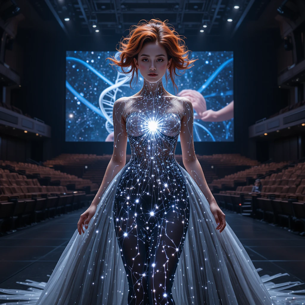 Reina de belleza de física de partículas con vestido de fibra óptica brillante
