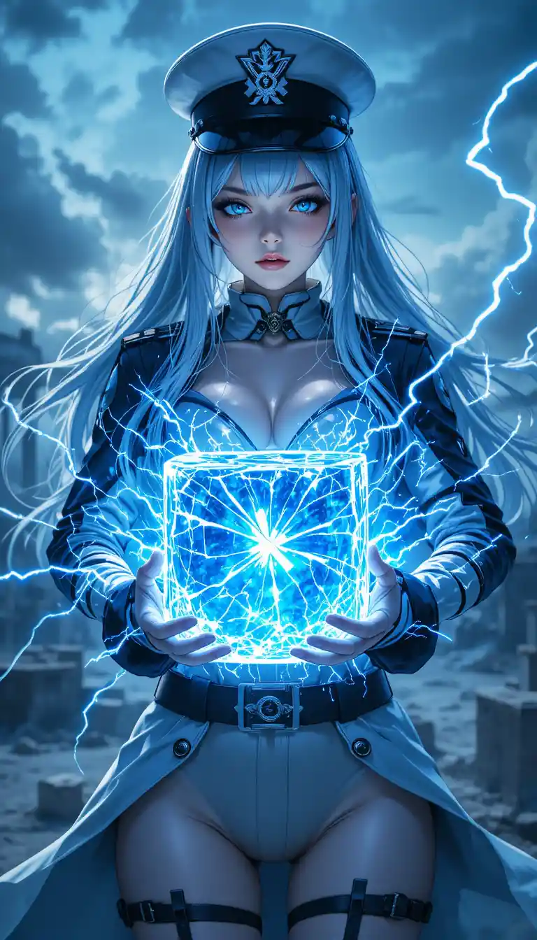 Ice haired anime warrior general with glowing power orb