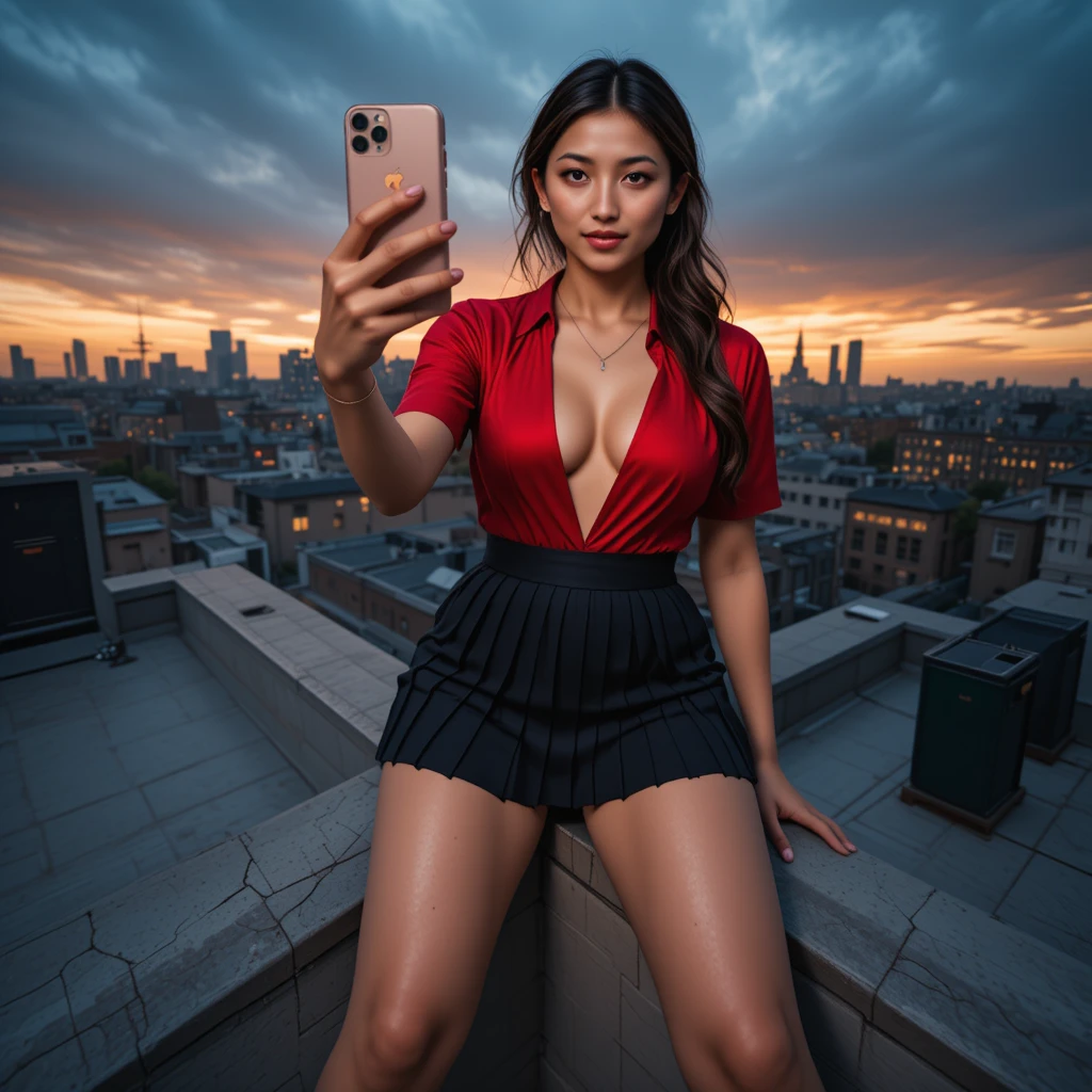 Ripresa dal basso di una donna che si scatta un selfie su un rooftop in città