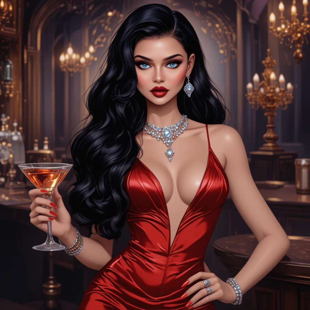 Femme élégante en robe de satin rouge dans un bar tamisé