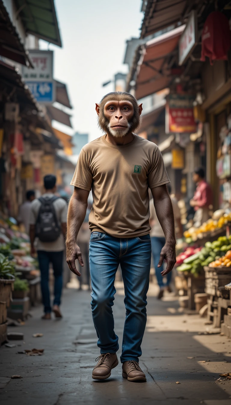 Monkey Walking Upright Through Busy Indian Street Market
