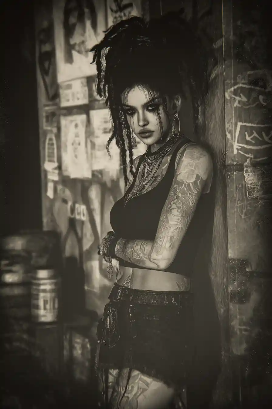 Brooding Tattooed Rocker Woman In Dystopian City Shadows