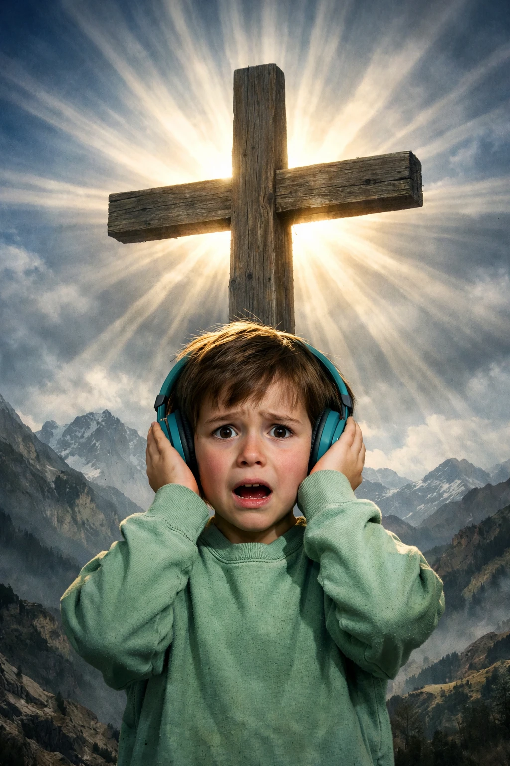 Niño asustado con auriculares ante una cruz en la montaña