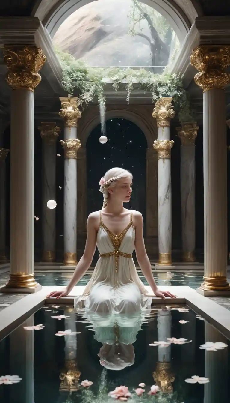 Celestial sorceress bathing in a luminous fantasy hamam