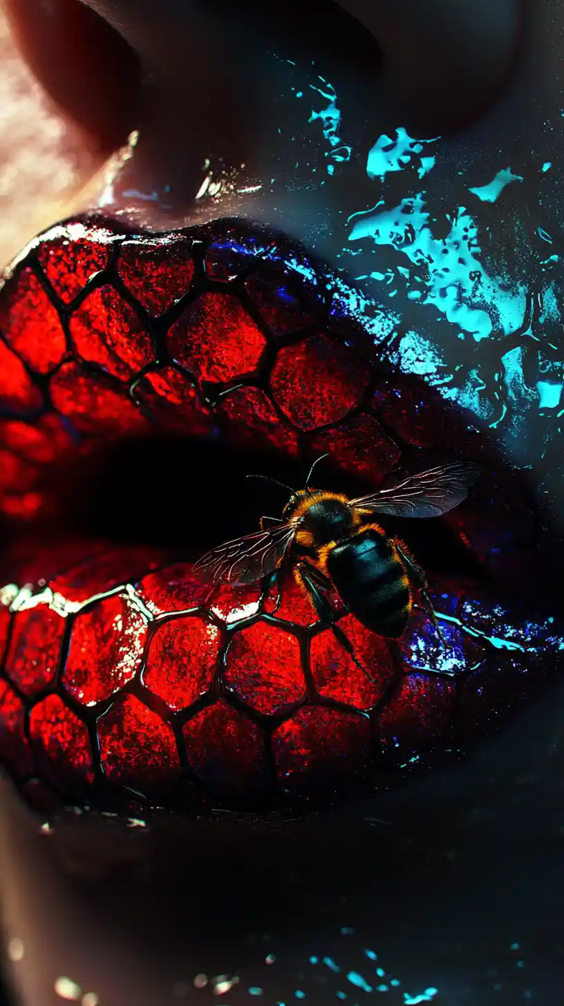 Glossy Red Lips With Bee In Surreal Horror Fashion