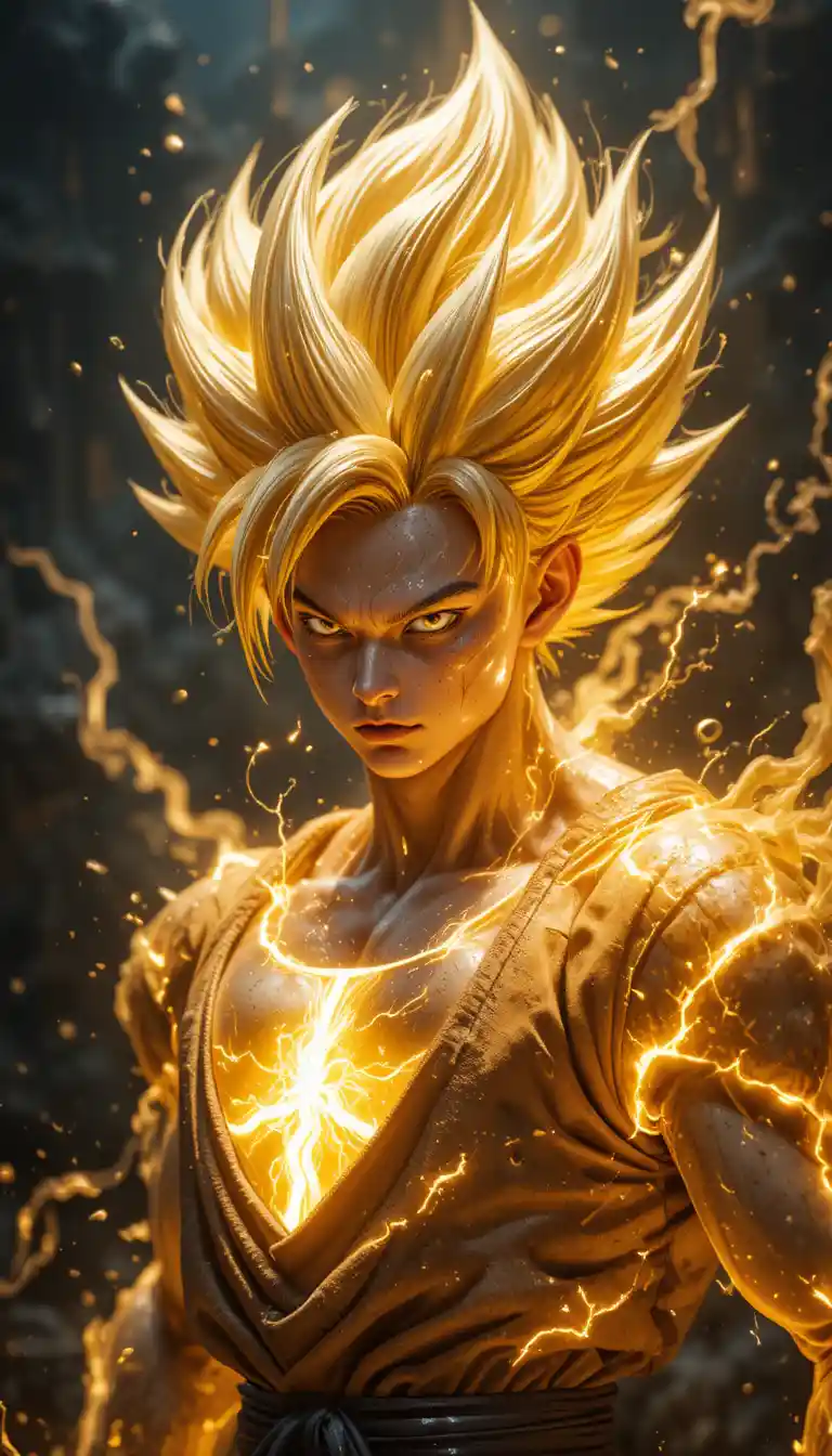 Guerreiro de anime turbinado em transformação de energia dourada
