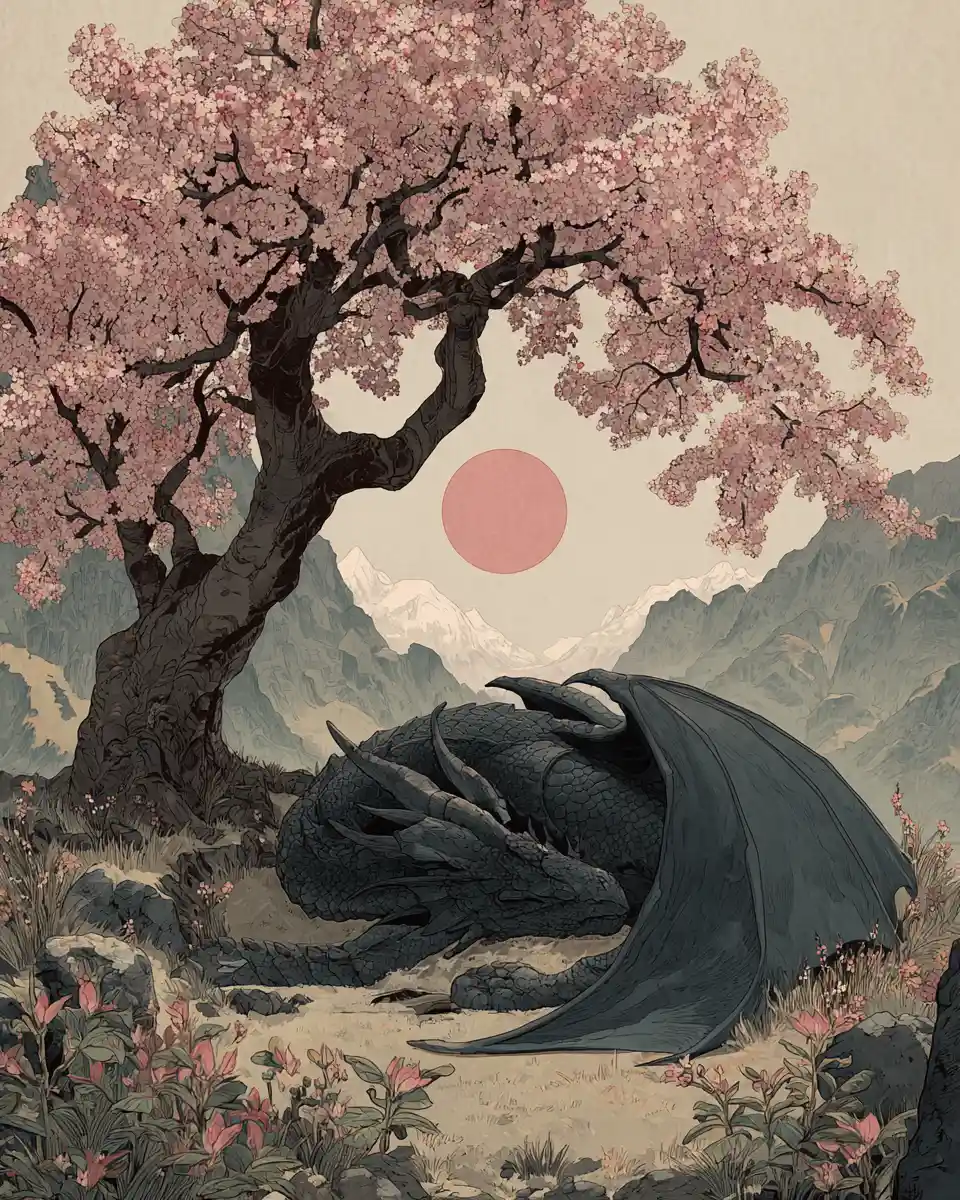 Sleeping black dragon beneath an ancient cherry tree