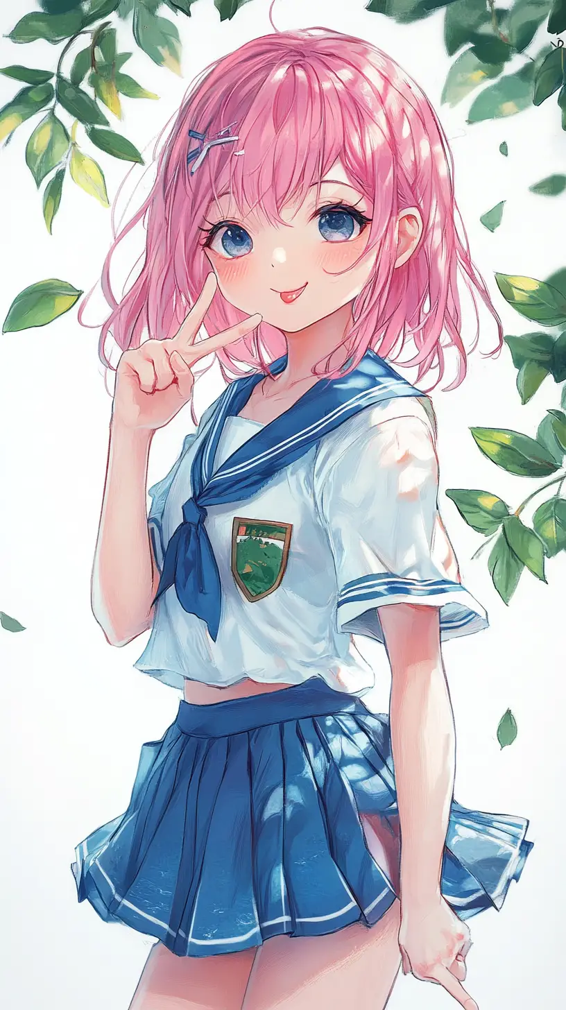 Pink haired anime schoolgirl winking with finger to her lips
