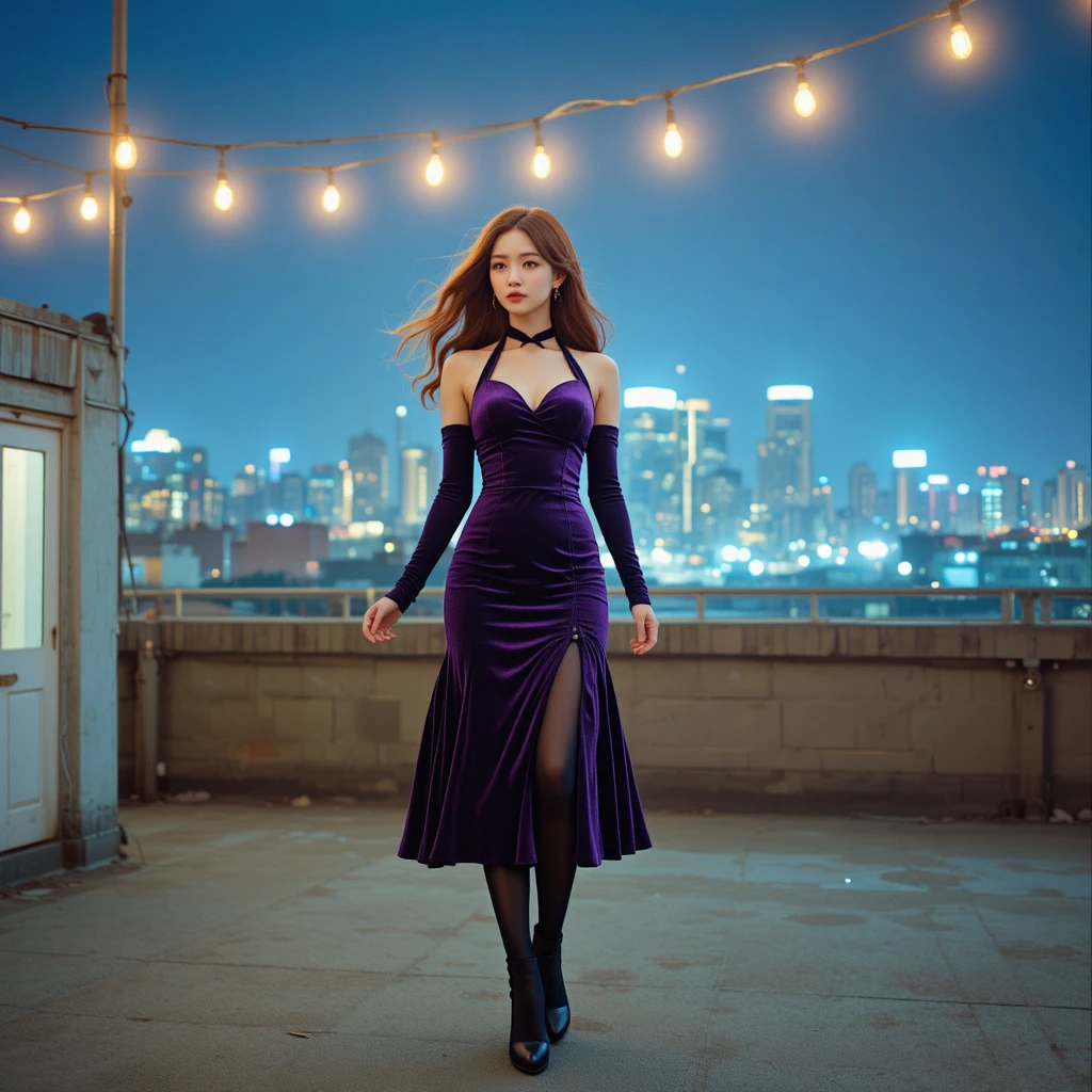 Korean woman on a rooftop in purple velvet at night