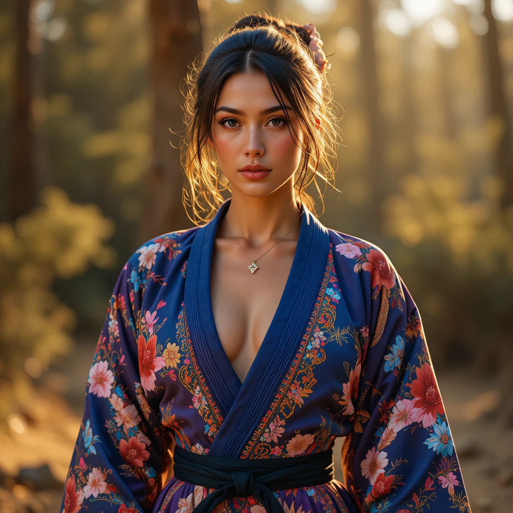 Confident female judoka in a vibrant embroidered kimono