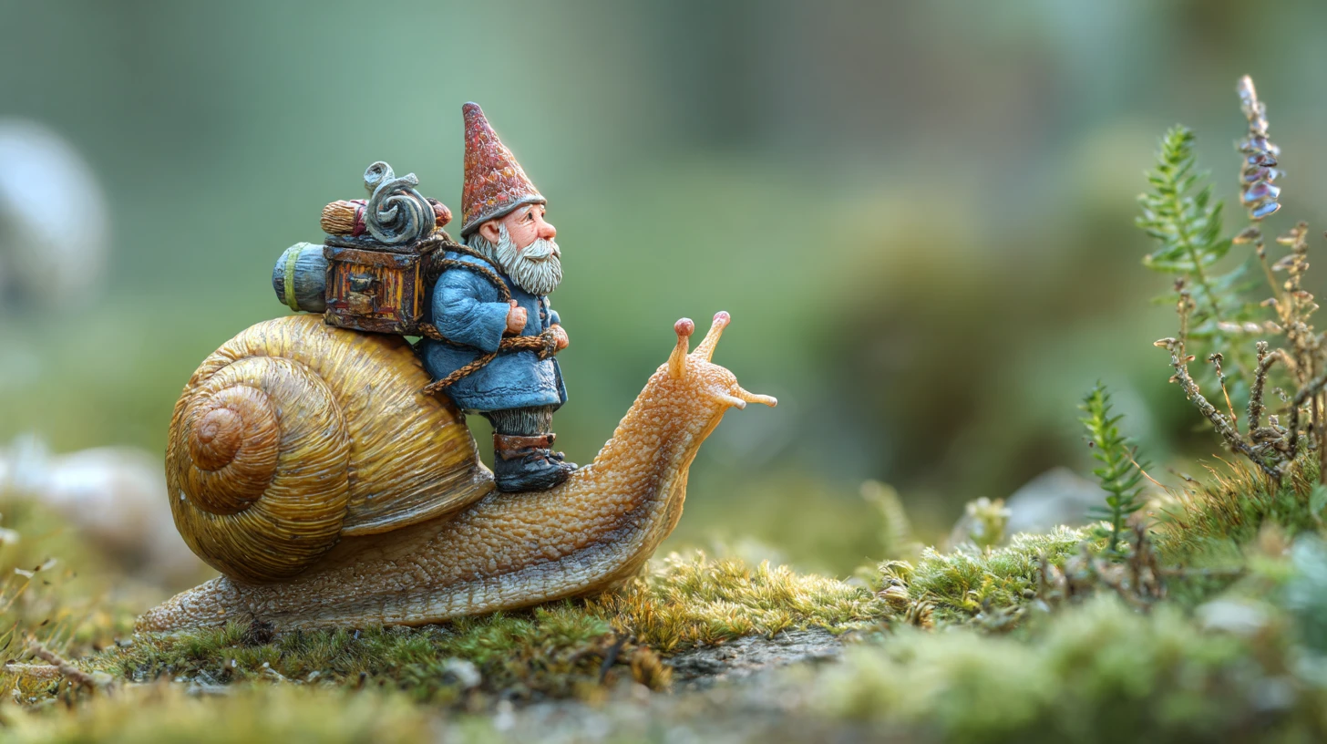 Tiny gnome riding a giant snail with a backpack