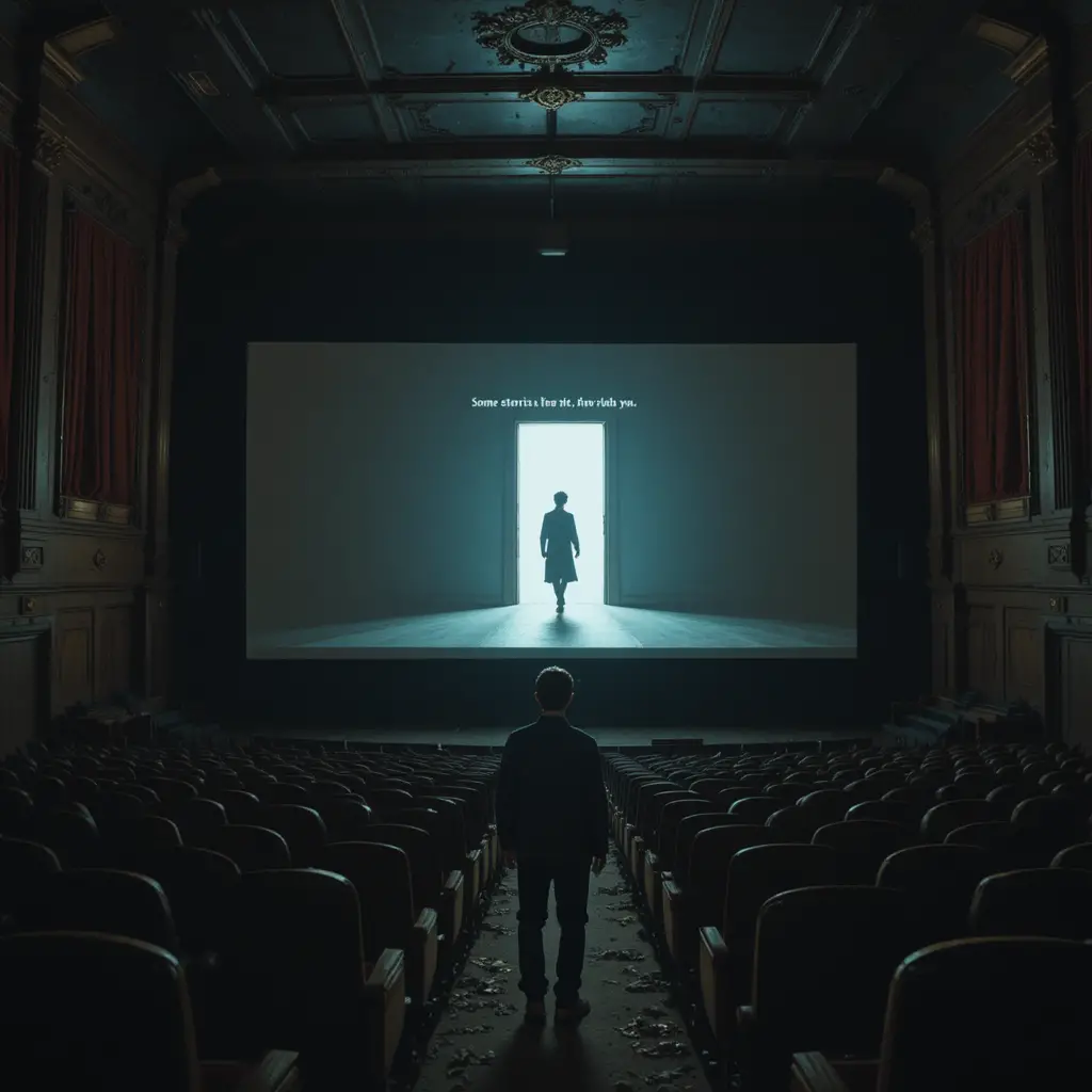 Boy vanishing from a haunted film on cinema screen