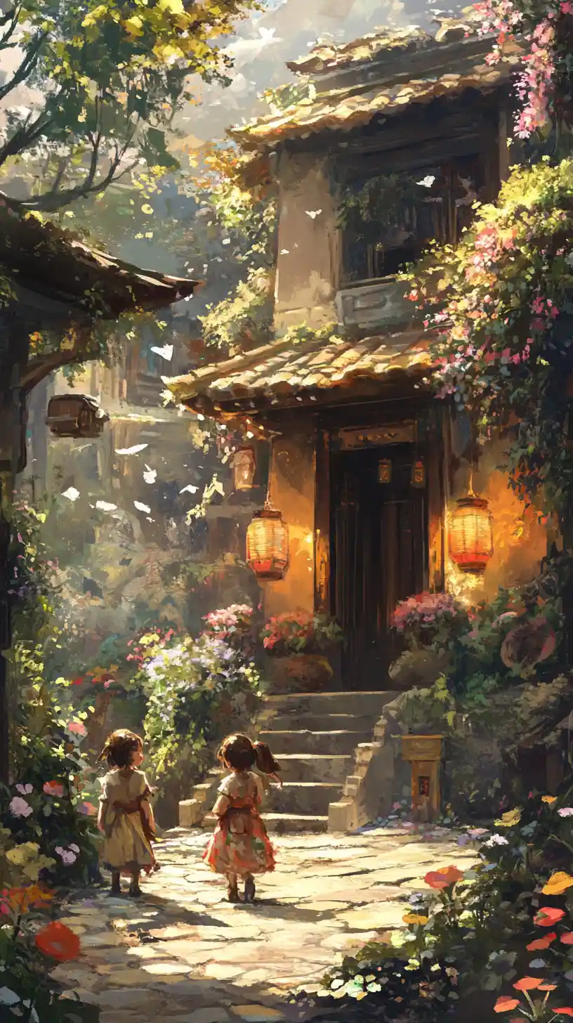 Charming traditional house with kids on stone garden steps