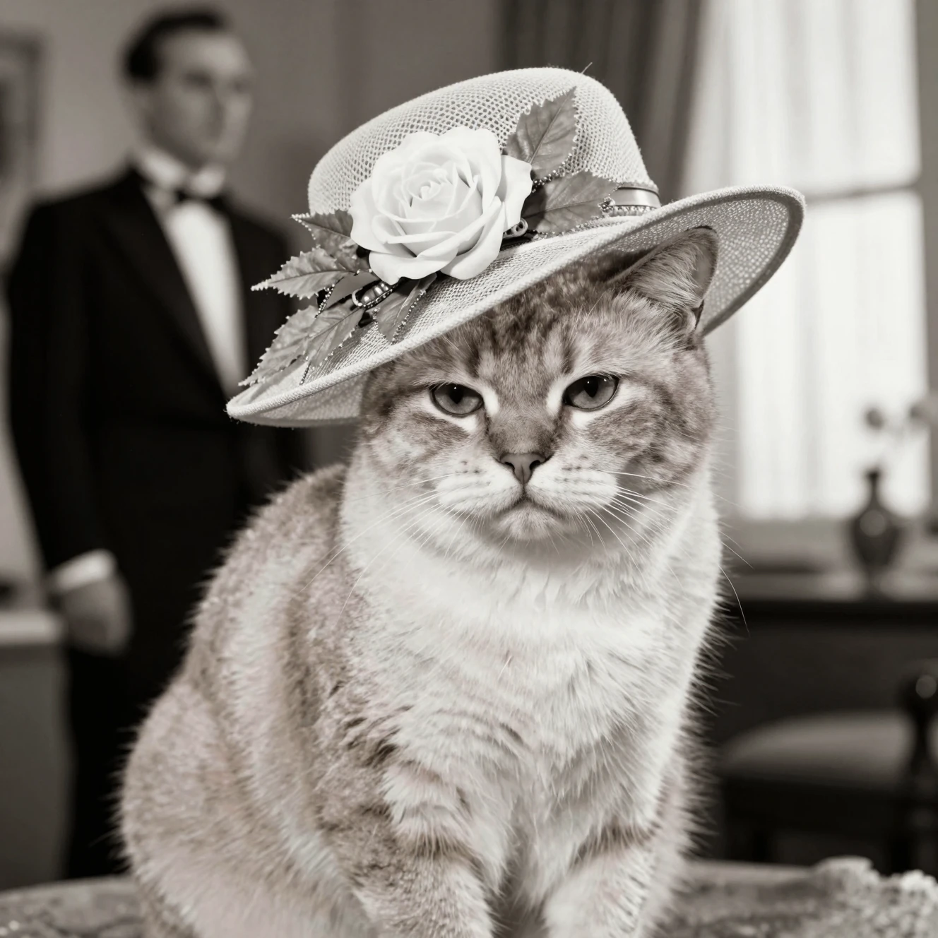 Flauschige Katze mit Vintage-Hut im klassischen Schwarz-Weiß-Porträt