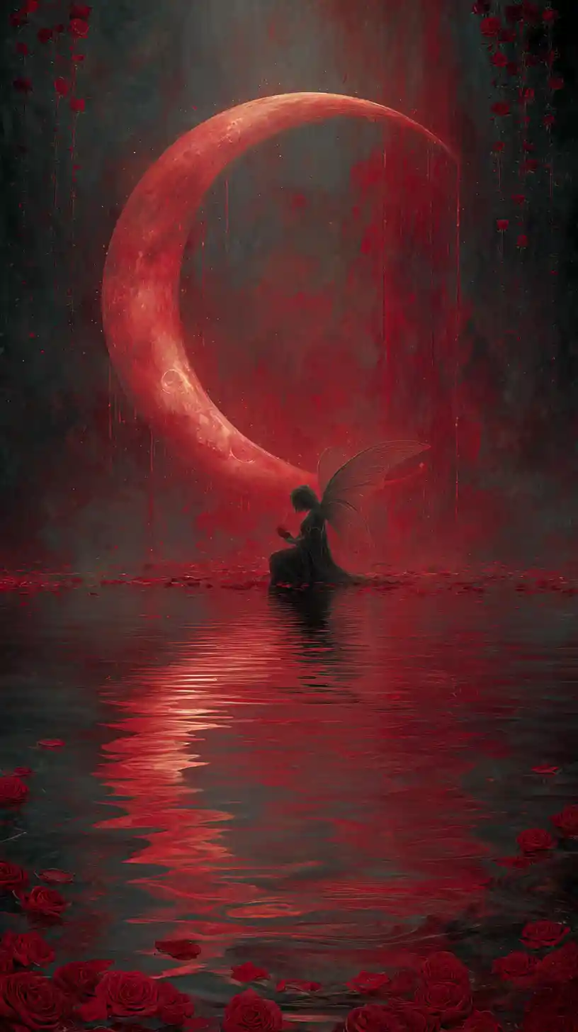 Fairy Kneeling By Broken Crescent Moonlit Black Water
