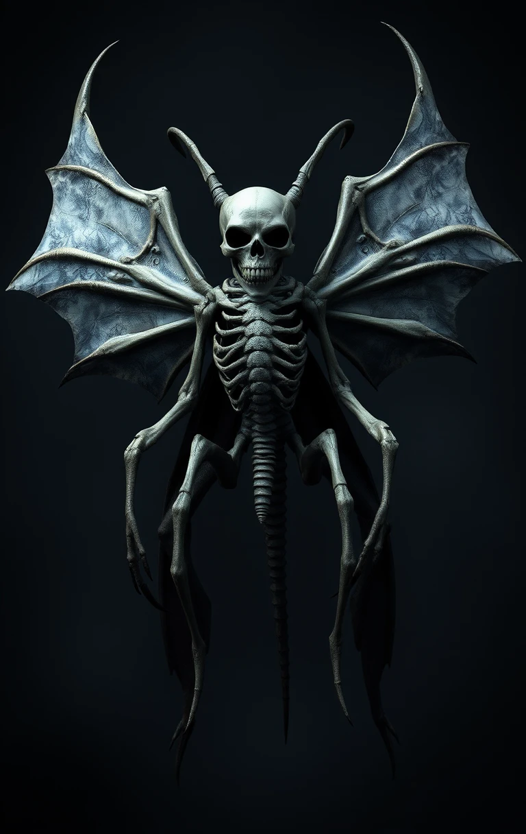 Monstruo insecto esquelético y aterrador con cráneo humano y alas
