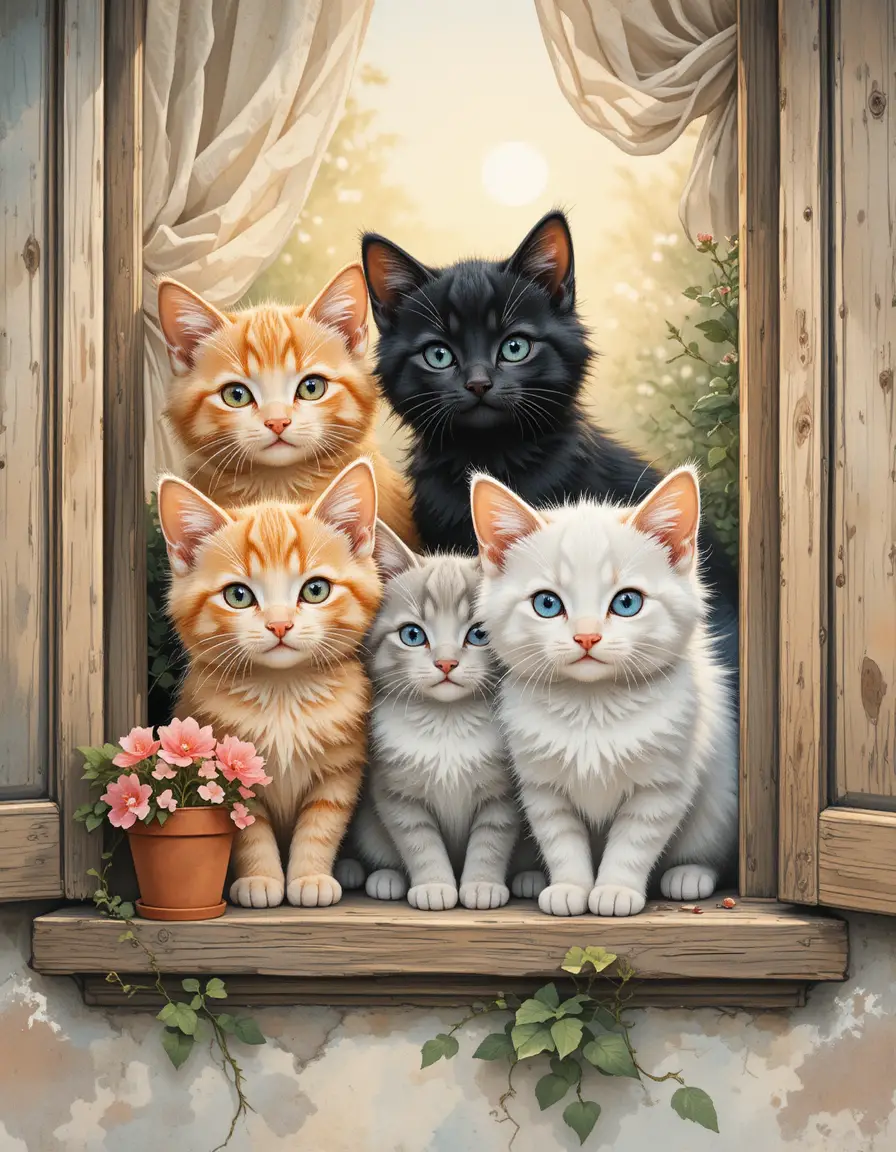 Four kittens at a rustic cottage window in watercolor