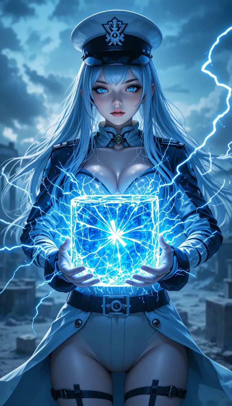 Ice haired anime warrior general with glowing power orb