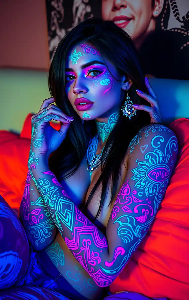 Woman with neon body paint lounging on colorful bed
