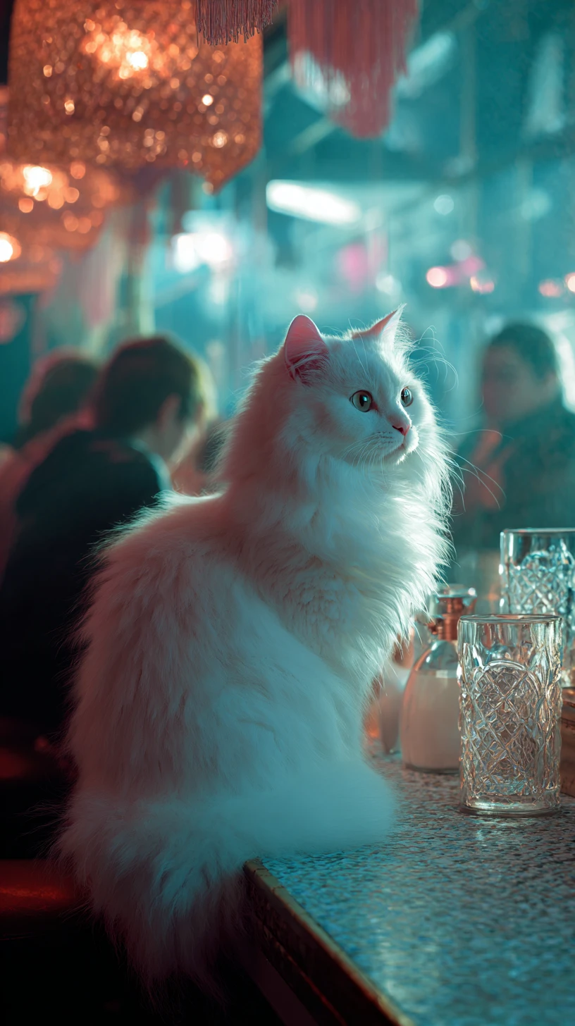 White fluffy cat ordering milk in a busy restaurant