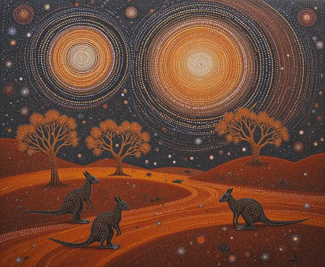 Kangaroos in a starry desert Aboriginal dot painting scene