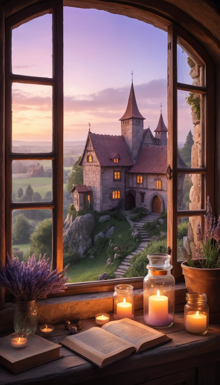 Mittelalterliches Cottage-Fenster mit Blick auf eine Burg in der Dämmerung