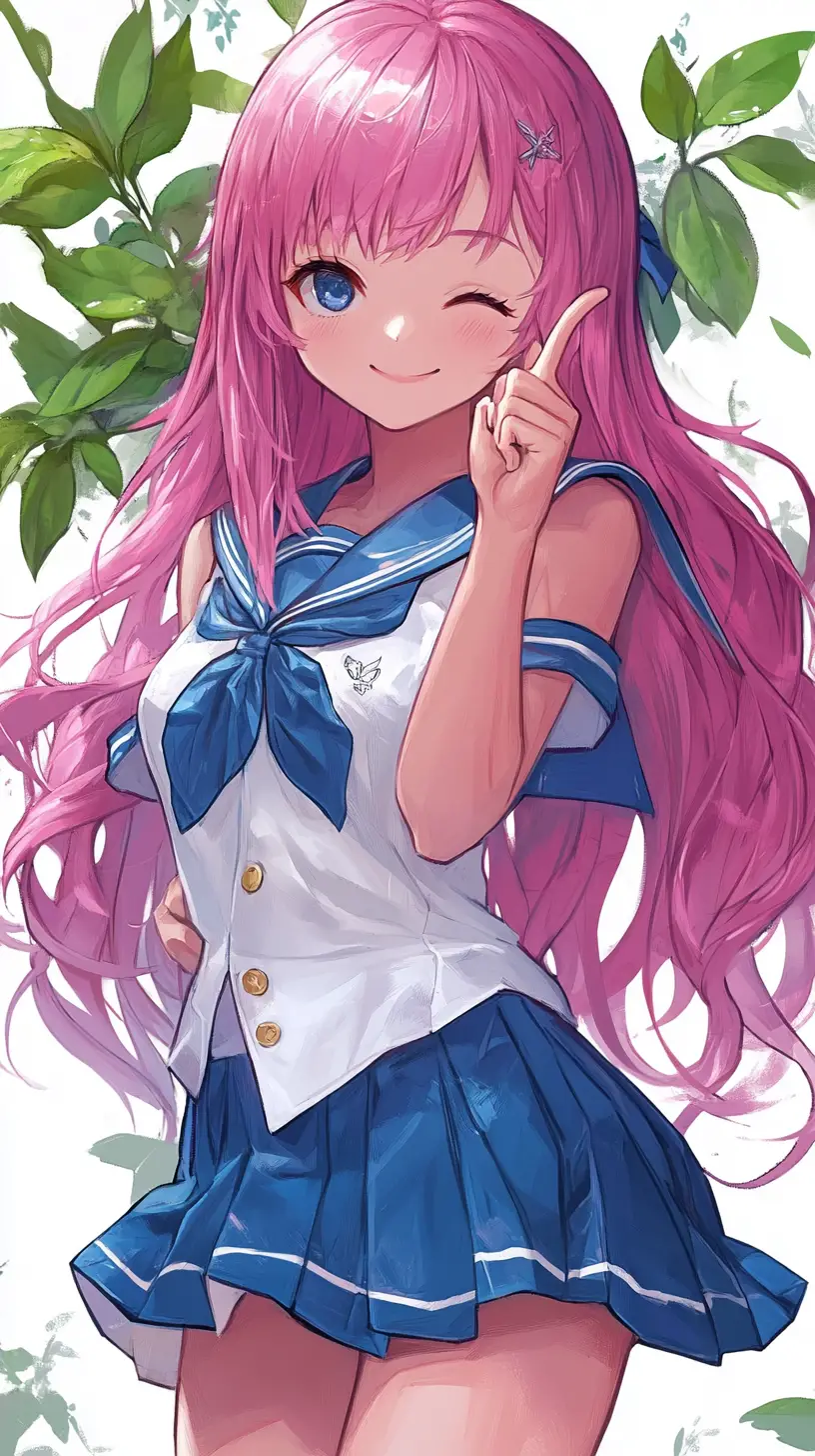 Cute anime schoolgirl winking in blue sailor uniform illustration