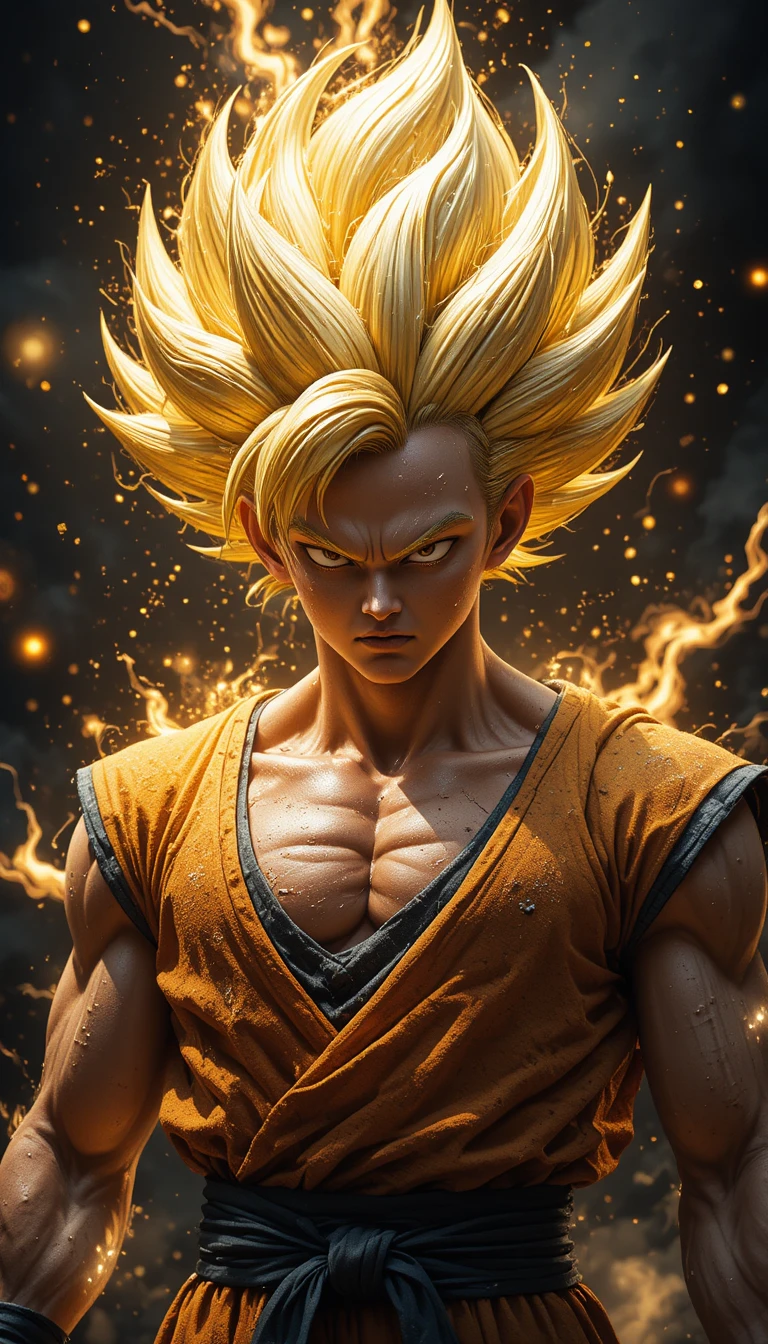 Guerreiro de anime superpoderoso em transformação de energia dourada