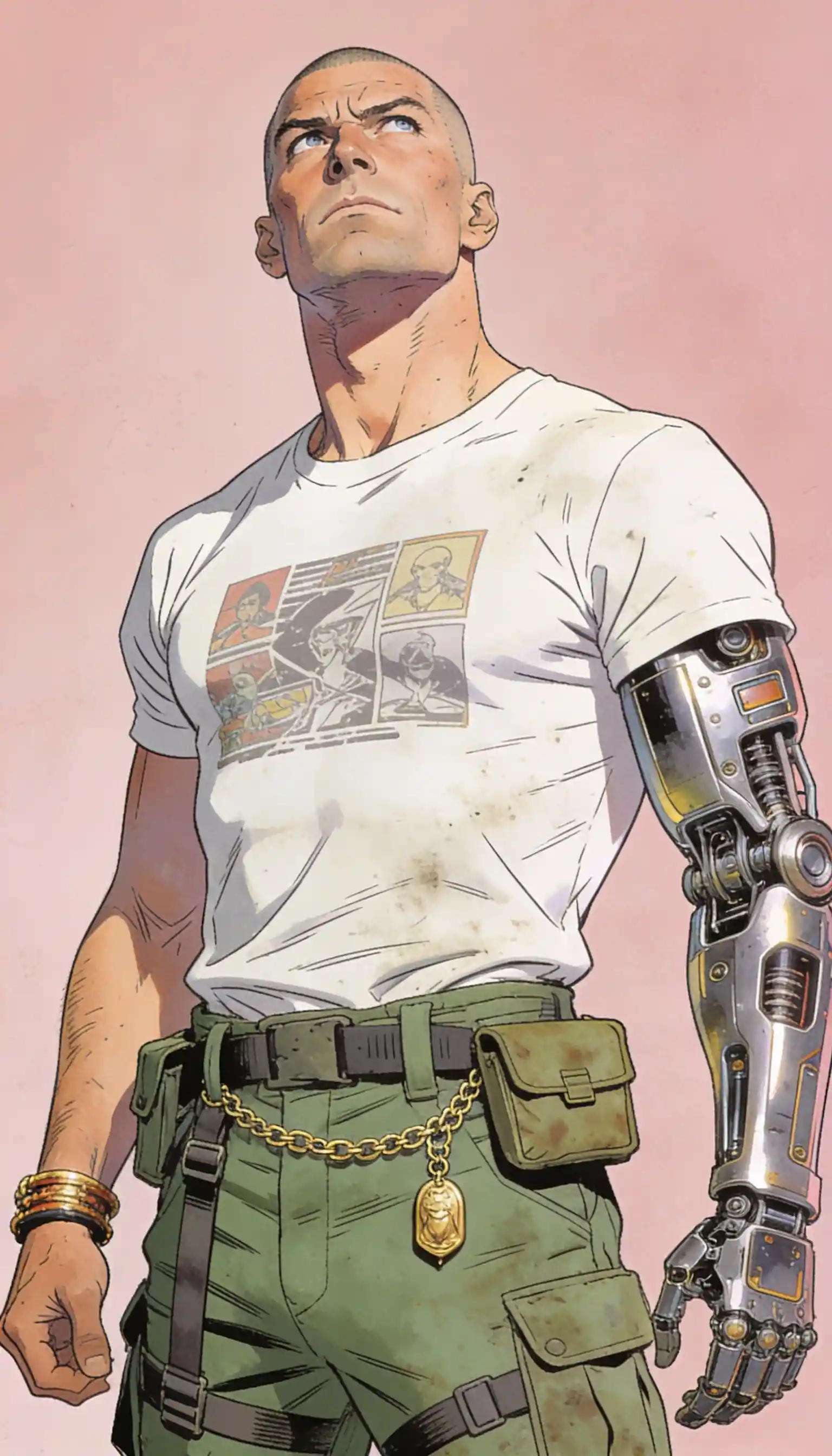 Cyborg-Mann mit kybernetischem Arm in Vintage-Sci-Fi-Illustration