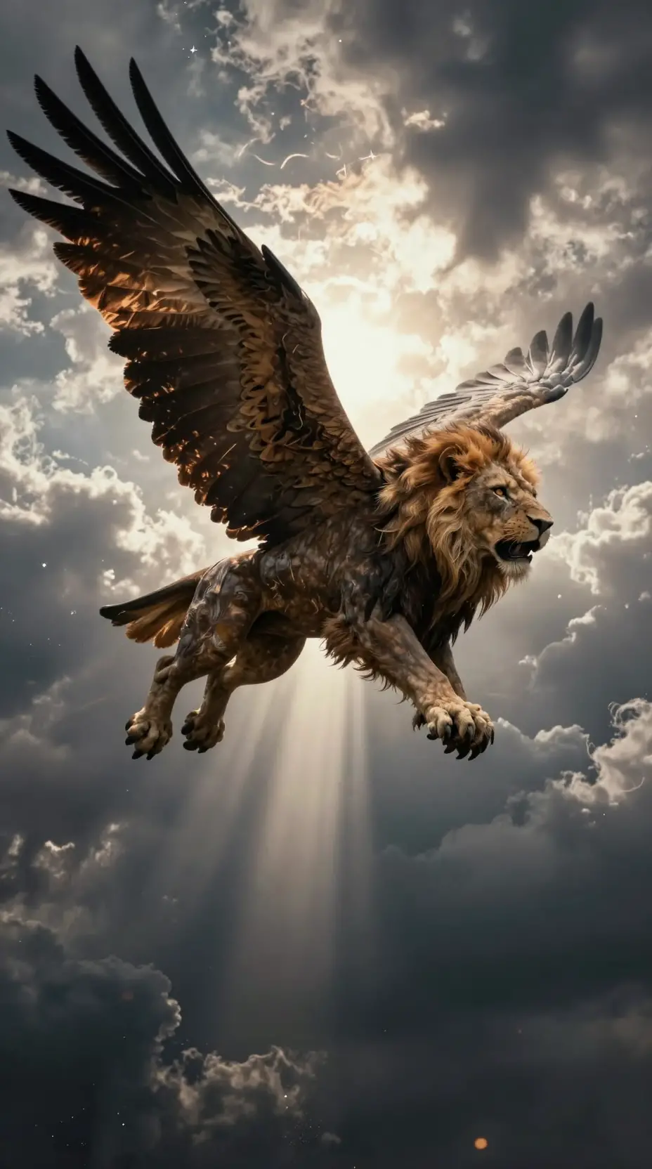 Griffin Soaring Through Dark Clouds In Dramatic Backlight