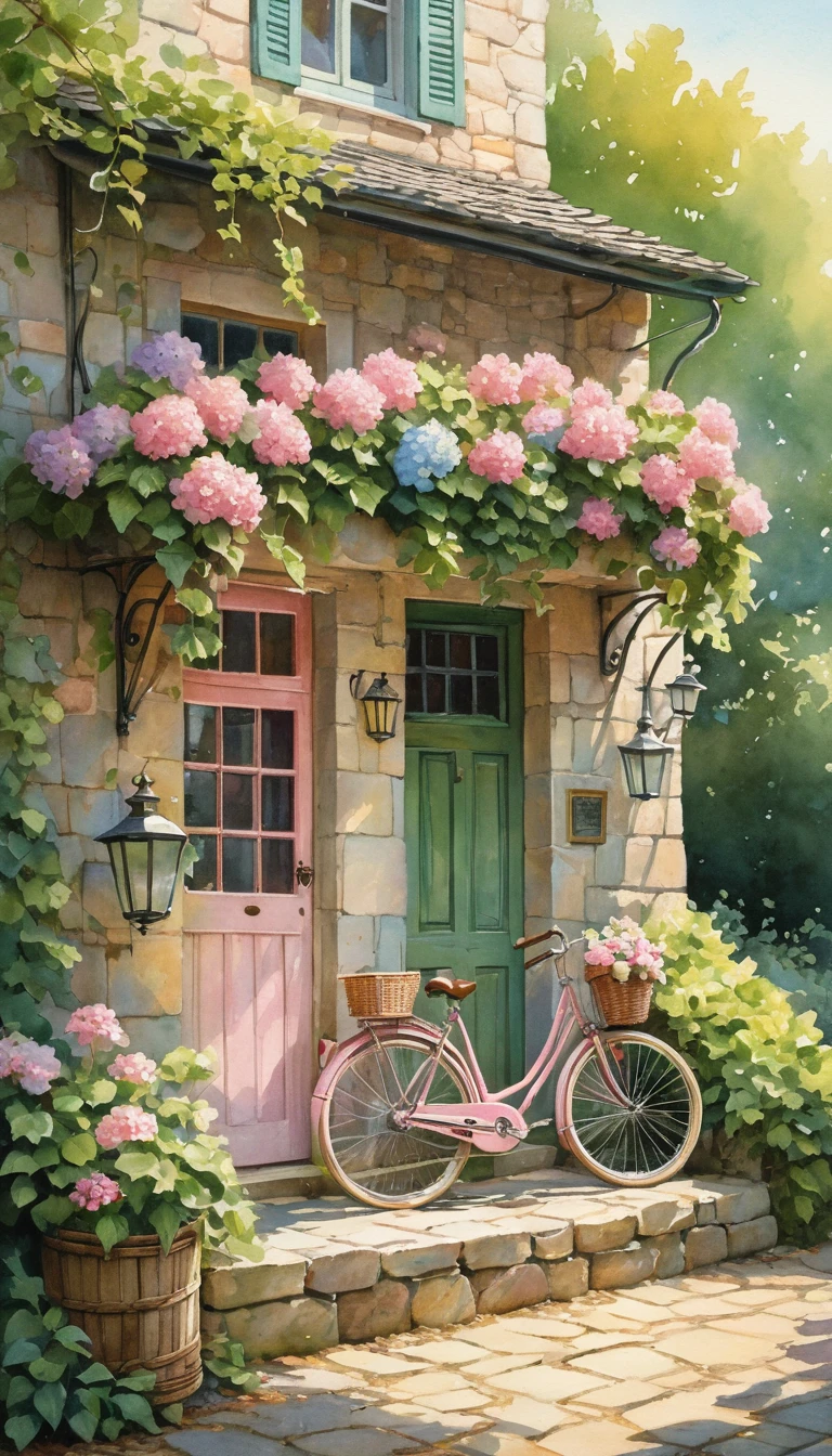 Ingresso di cottage pastello con bicicletta rosa vintage e fiori