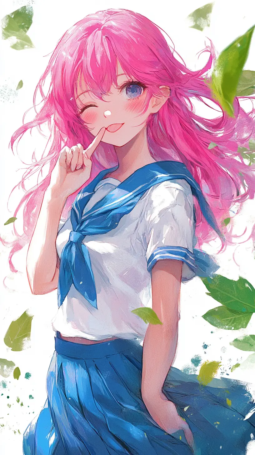 Pink haired anime schoolgirl winking in blue sailor uniform